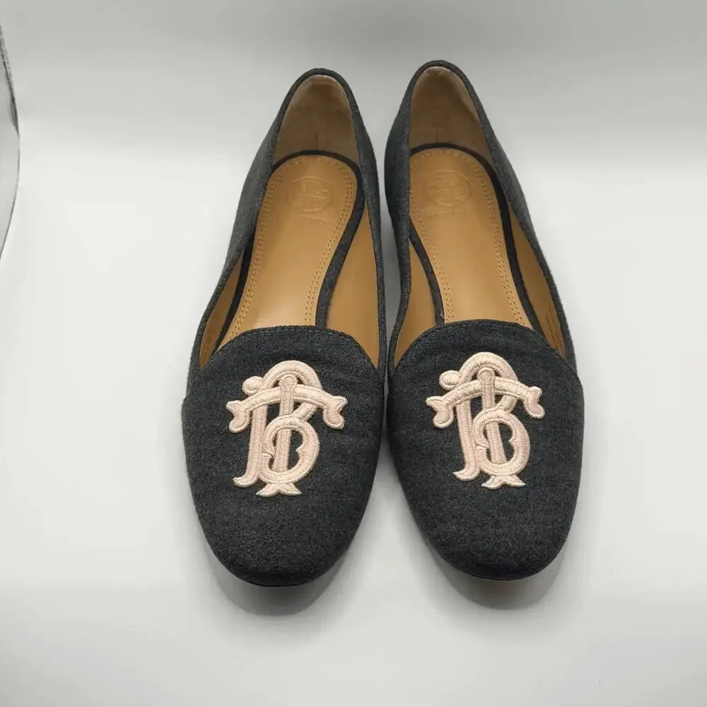 Tory Burch Women's Loafers‎ Size 7.5 M Gray Embroidered TB Monogram Flats Shoes